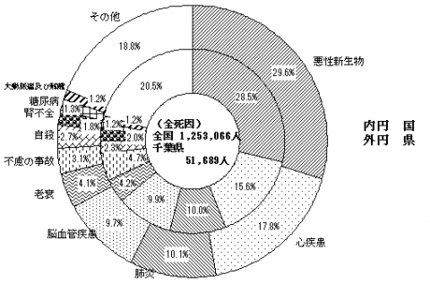 千葉県：悪性新生物29.6％心疾患17.8％肺炎10.1％脳血管疾患9.7％老衰4.1％不慮の事故3.1％自殺2.7％