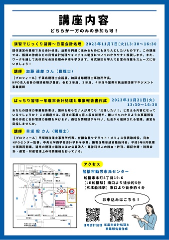 NPOの「日常会計処理講座」及び「年度末会計処理と事業報告書作成講座」のチラシ裏面の画像