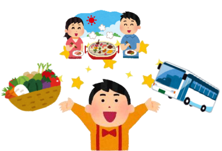 バーベキュー、野菜の詰め合わせ、バスツアーに思いを馳せる男性の画像