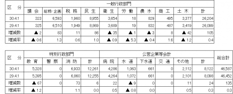 平成30年部門別職員数の前年比較