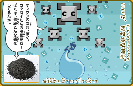 ここは、活性炭吸着池カッセイタン「オッサンの次は、ぼく、カッセイたんの出番だね！ぼくは、普段こんな姿をしてるんだ。」活性炭は、炭でできた小さな粒です