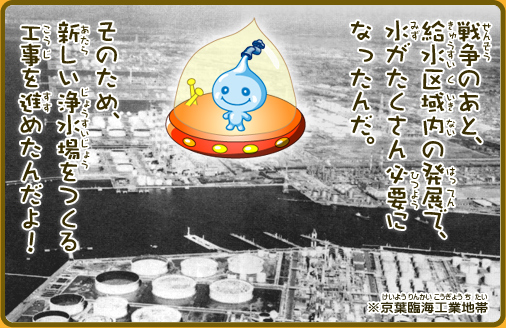 戦争のあと、給水区域内の発展で、水がたくさん必要になったんだ。そのため、新しい浄水場をつくる工事を進めたんだよ！※京葉臨海工業地帯