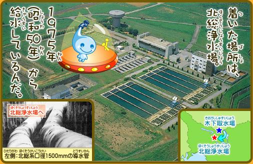 着いた場所は、北総浄水場。1975年（昭和50年）から給水しているんだ。左側：北総系口径1500mmの導水管