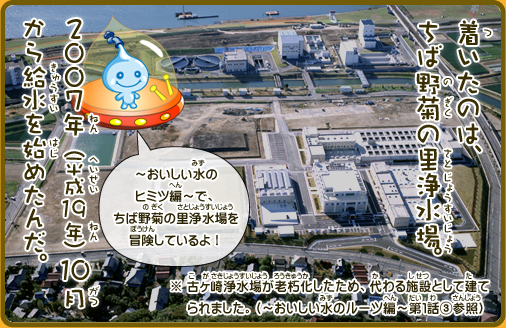 着いたのは、ちば野菊の里浄水場。2007年（平成19年）10月から給水を始めたんだ。※古ヶ崎浄水場が老朽化したため、代わる施設として建てられました。（～おいしい水のルーツ編～第1話3.参照）