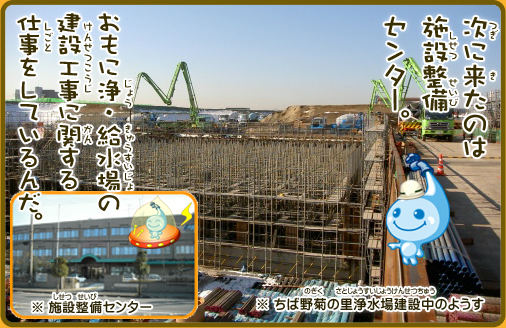 次に来たのは施設整備センター。おもに浄・給水場の建設工事に関する仕事をしているんだ。※ちば野菊の里浄水場建設中のようす※施設整備センター