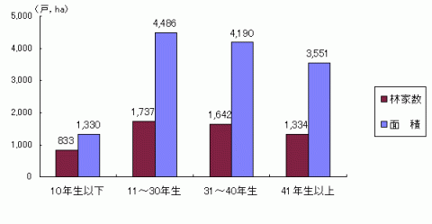 グラフ齢級構成別林家数と人工林面積