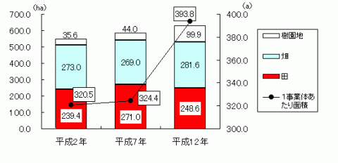 グラフ経営耕地面積と1事業体当たり経営耕地面積の推移